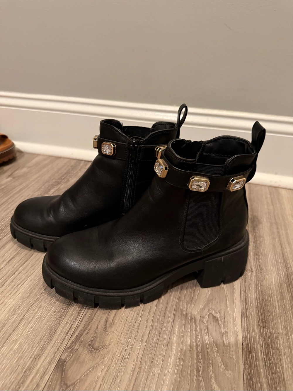 Black Chunky Ankle Boots with Gold Crystal Embellishments